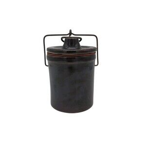 Vtg Brown Glaze Cheese Butter Crock Jar w/ Locking Wire Bail Lid 4" Farm Country